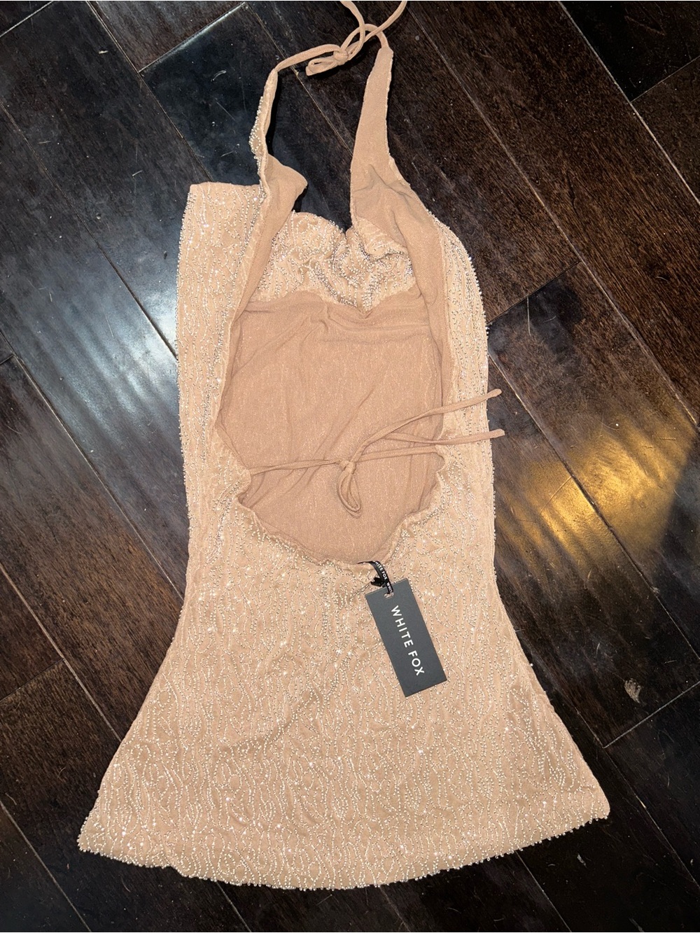 NWT XS WHITe Fox beaded Sparkle Halter Mini Dress cowl neck nude beige cocktail - Picture 13 of 15